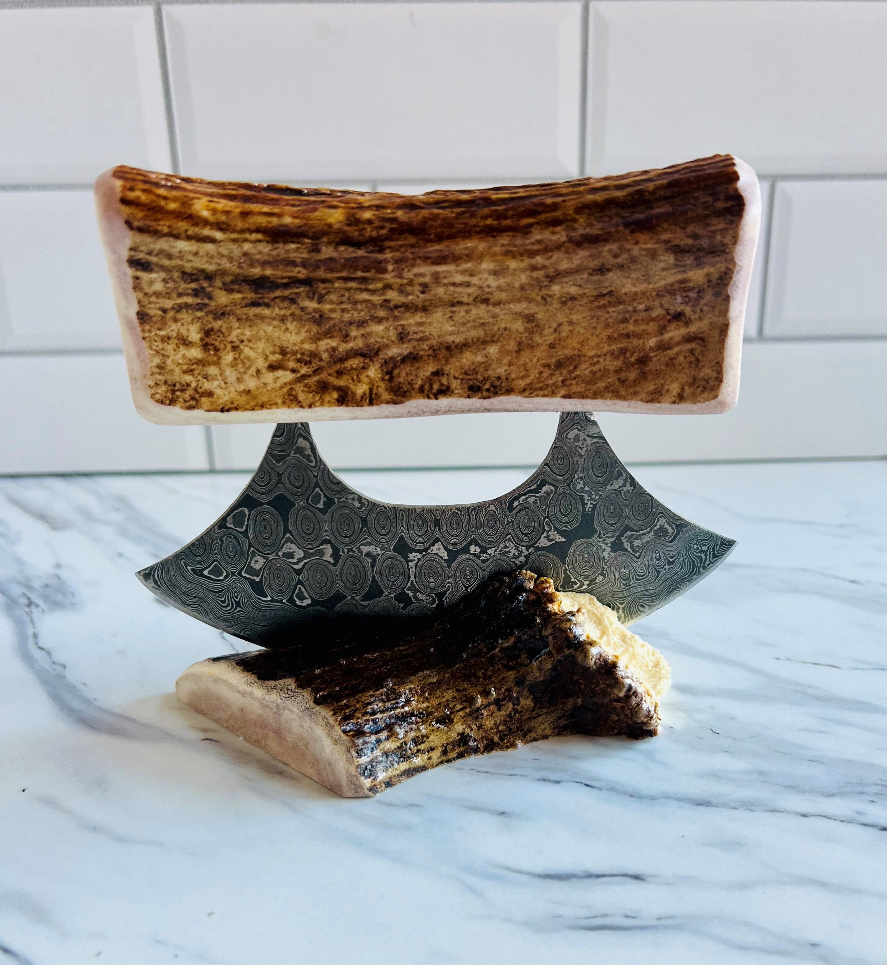 Moose Antler Damascus Ulu & Crown Base