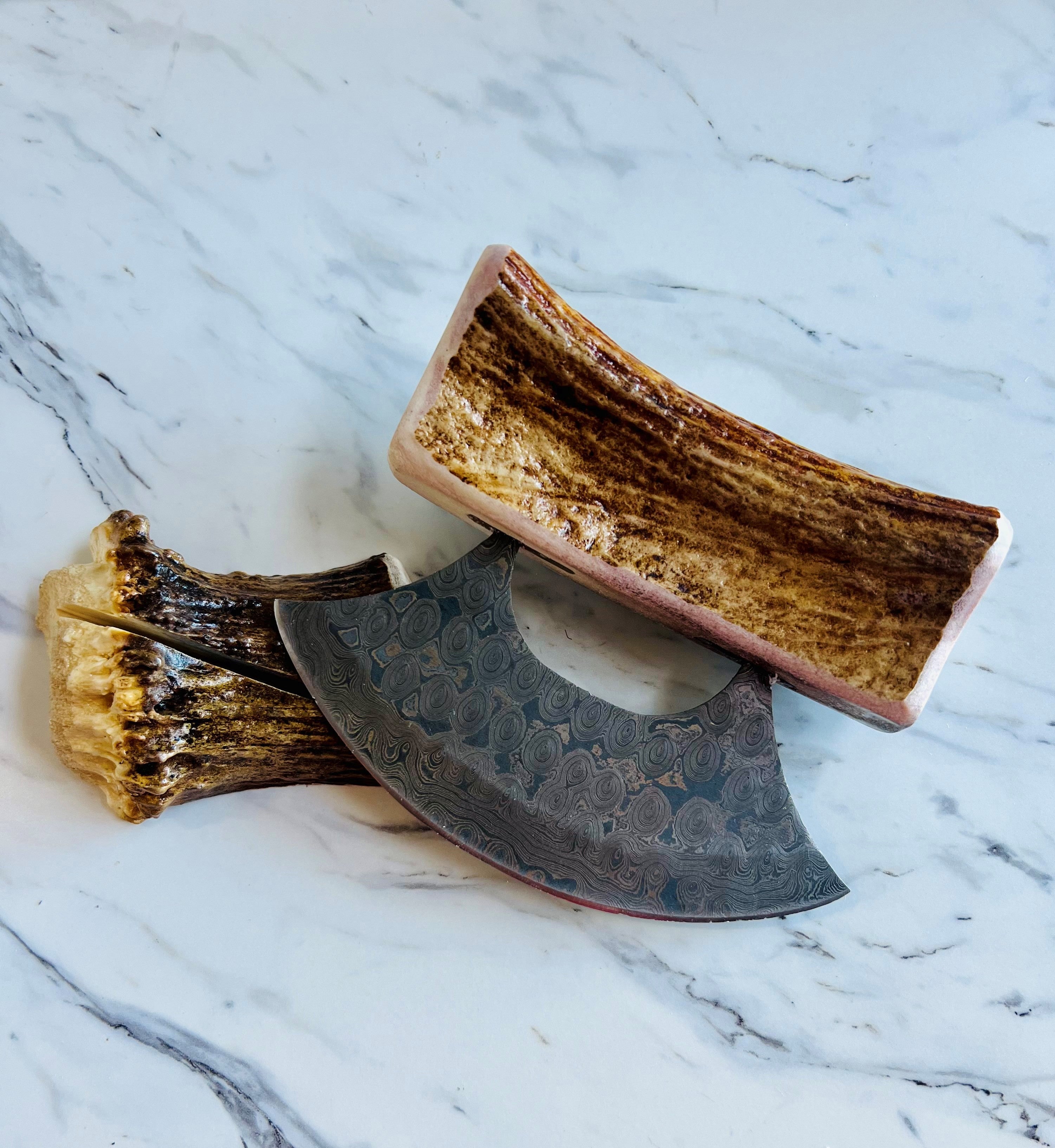 Moose Antler Damascus Ulu & Crown Base